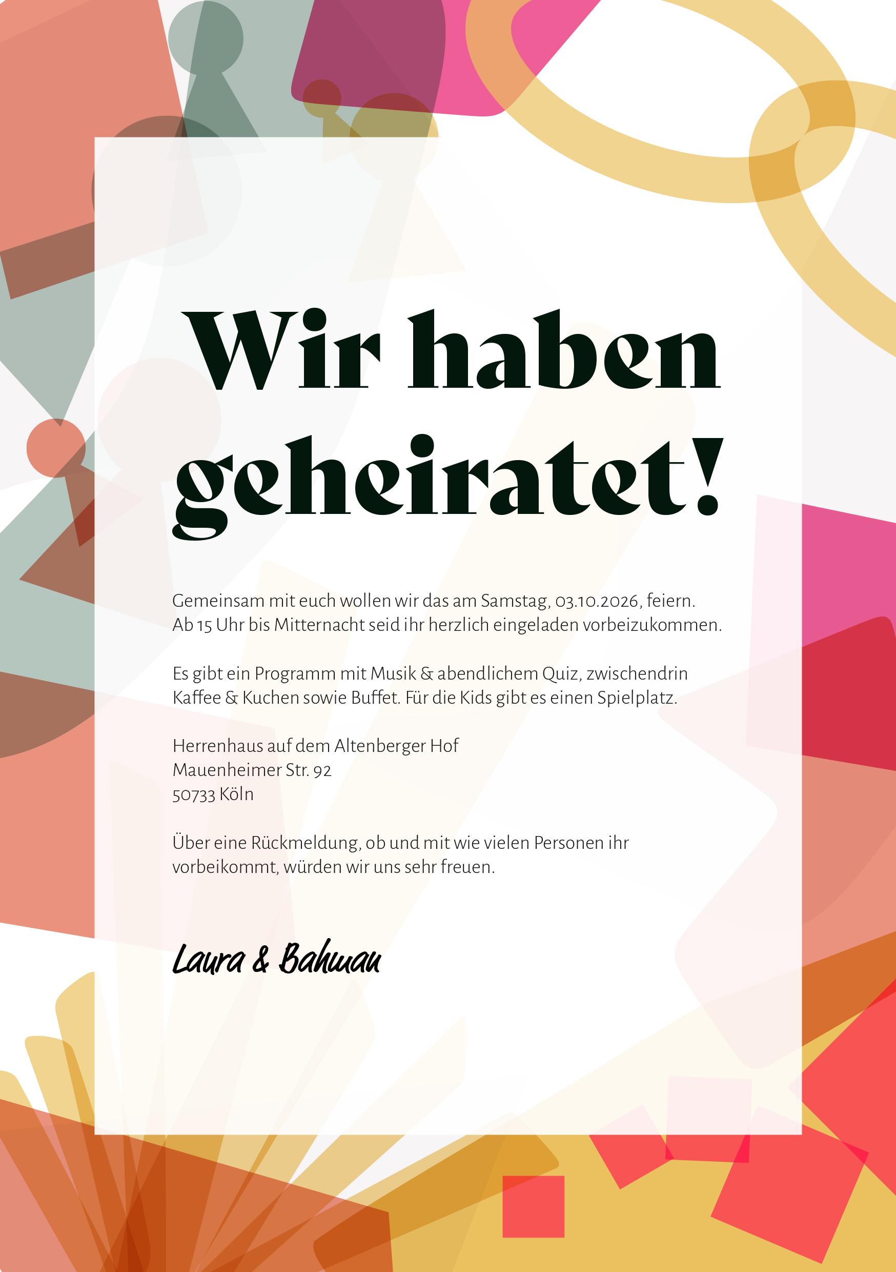 Hochzeitseinladung von Laura und Bahman mit Datum, Programm und Adresse